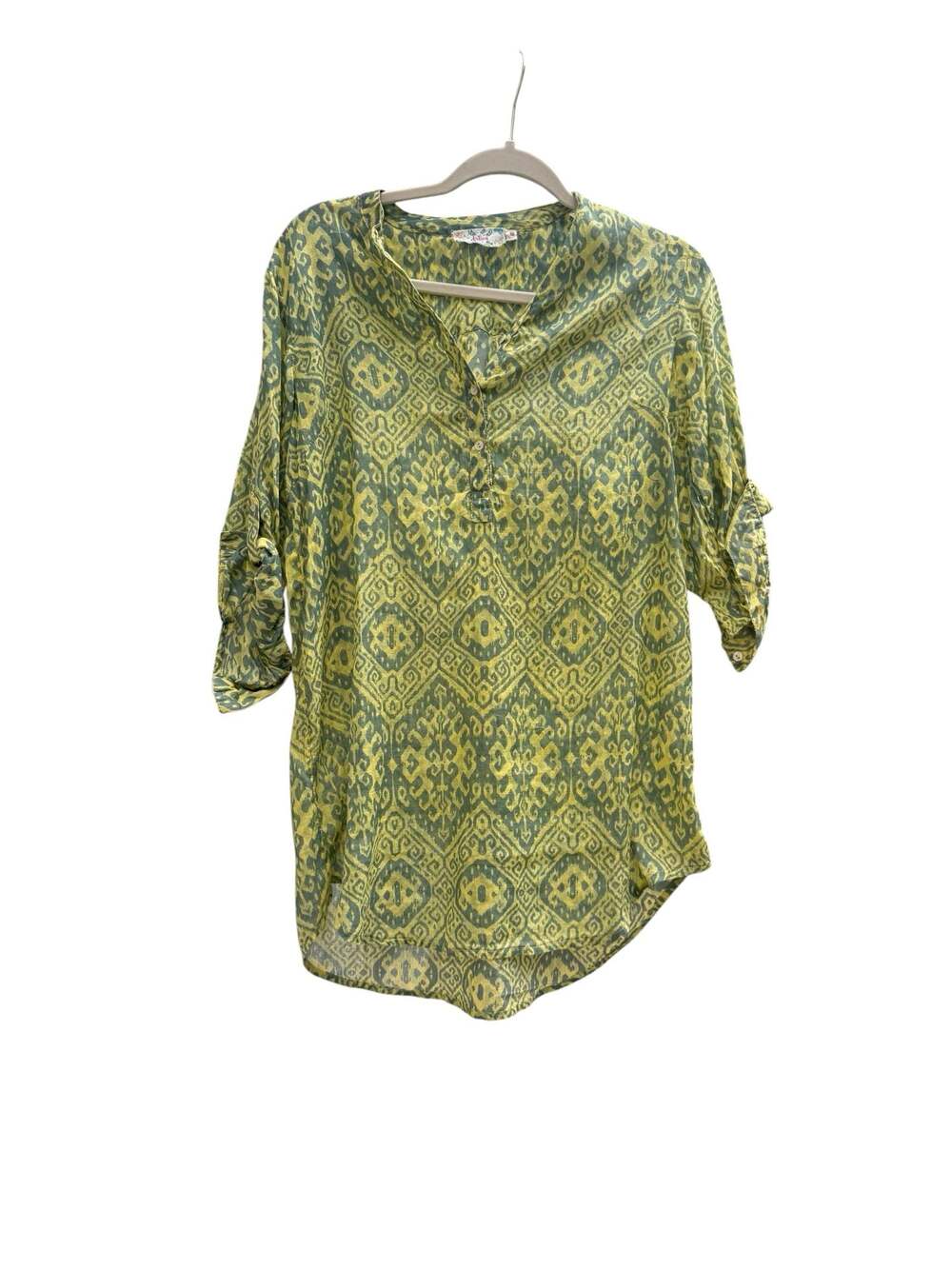 Dolma Green and Yellow Ikat Print Button-Down Tunic Top